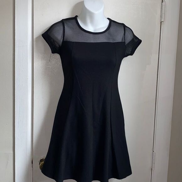 AQUA Black Mesh Yoke Mini Dress-L - Picture 1 of 8